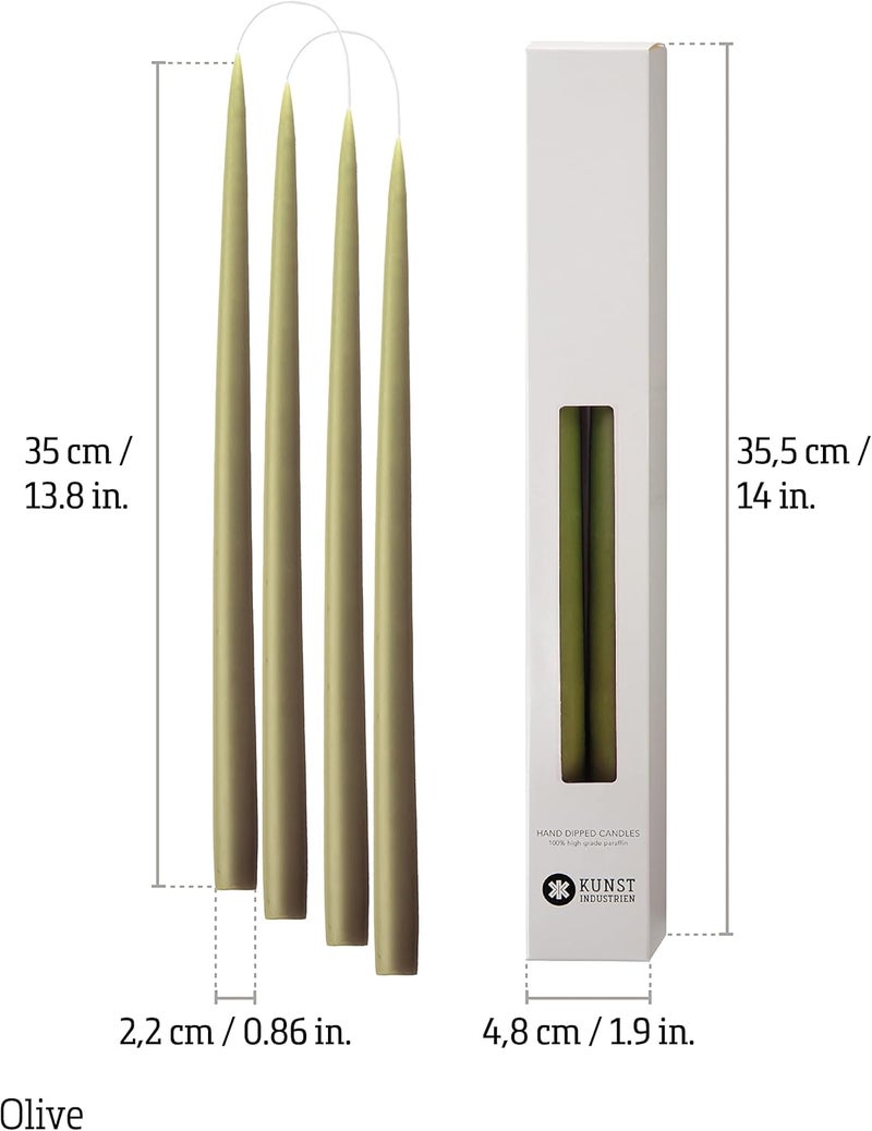 Kunstindustrien ® Taper Candles – Set of 4, 13.8" – Made in Denmark, Long Burning Candles 15h, Unscented & Smokeless Candlesticks – Elegant Tall Candles for Weddings, Dinners & Home Decor (Olive) - Image 2